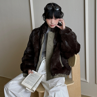 VIVIDINI 两面穿兔毛皮草派克服外套
