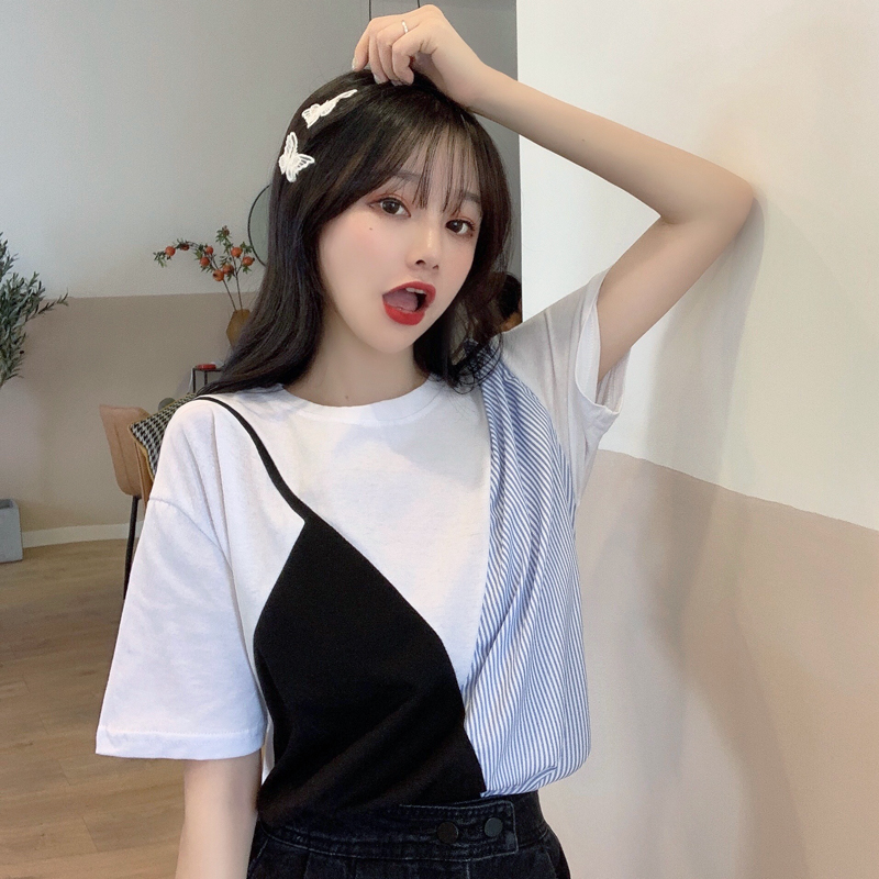 實拍實價新款洋氣休閒百搭設計感假兩件拼接條紋短袖恤女