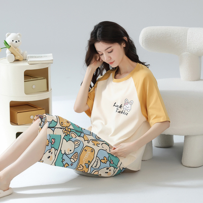 2025年新款睡衣女士夏季纯棉短袖七分裤休闲带胸垫韩版卡通家居服
