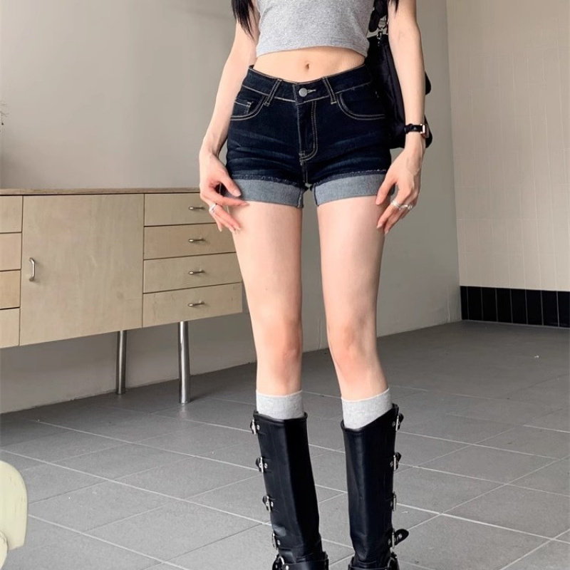 美式辣妹翻边牛仔短裤女夏季大胖