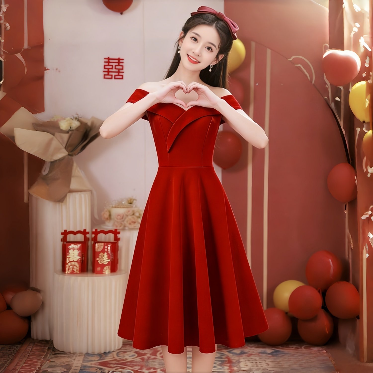 法式一字肩红色小个子晚礼服图片