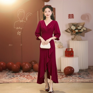 法式 荷叶边鱼尾裙宴会长裙 高端敬酒服新娘订婚礼服连衣裙结婚便装