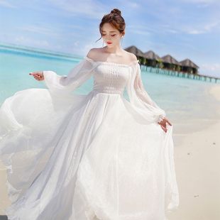 长裙雪纺一字肩白色连衣裙 马尔代夫度假裙海边超仙沙滩裙2025新款