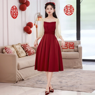 法式 婚服 孕妇可穿敬酒服新娘红色端庄大气绝美订婚礼服女结婚便装