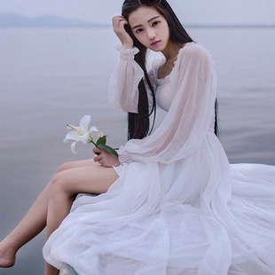 显瘦一字领大摆仙女裙长袖雪纺白色连衣裙女裙子度假巴厘岛沙滩裙