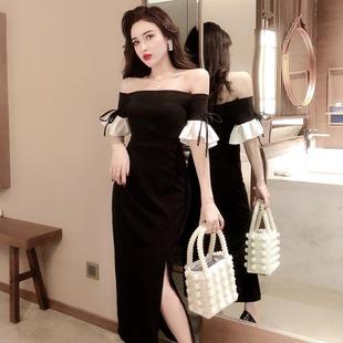 晚禮服女一字肩黑色宴會(huì)禮服2025新款 音樂藝考連衣裙高貴性感氣質(zhì)