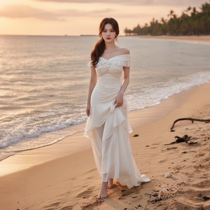 一字肩白色荷叶边连衣裙女