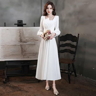 法式白色敬酒服新娘订婚长袖礼服女高级感高端回门服长款结婚宴会