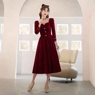 敬酒服2026新款 酒红色丝绒连衣裙 新娘高级感结婚订婚回门礼服便装