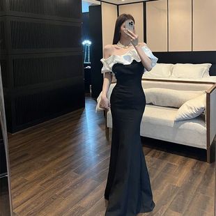 黑色晚礼服一字肩高端优雅小众绝美主持人鱼尾法式修身宴会连衣裙