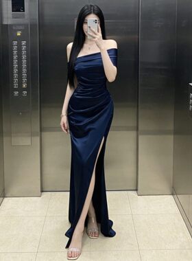 一字肩开叉鱼尾连衣裙女气质修身显瘦长款宴会聚会派对裙年会晚宴