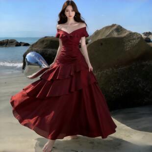 温柔风连衣裙法式 茶歇荷叶边一字肩蛋糕裙收腰长裙海边度假风女夏