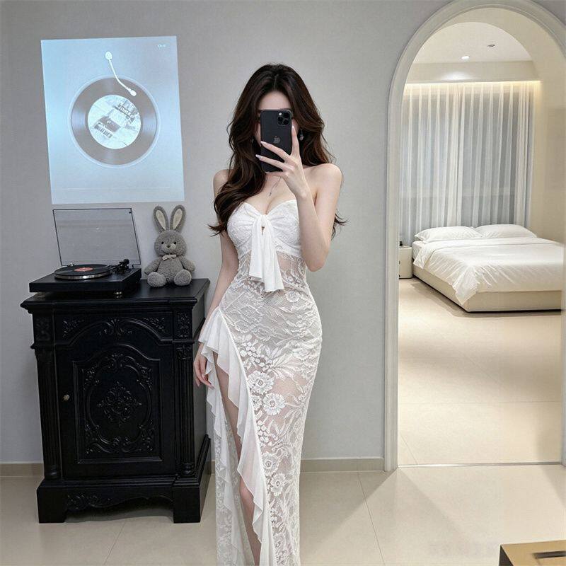 白色抹胸蕾丝晚礼服裙子女宴会气质修身开叉显瘦轻奢小众名媛长裙图片