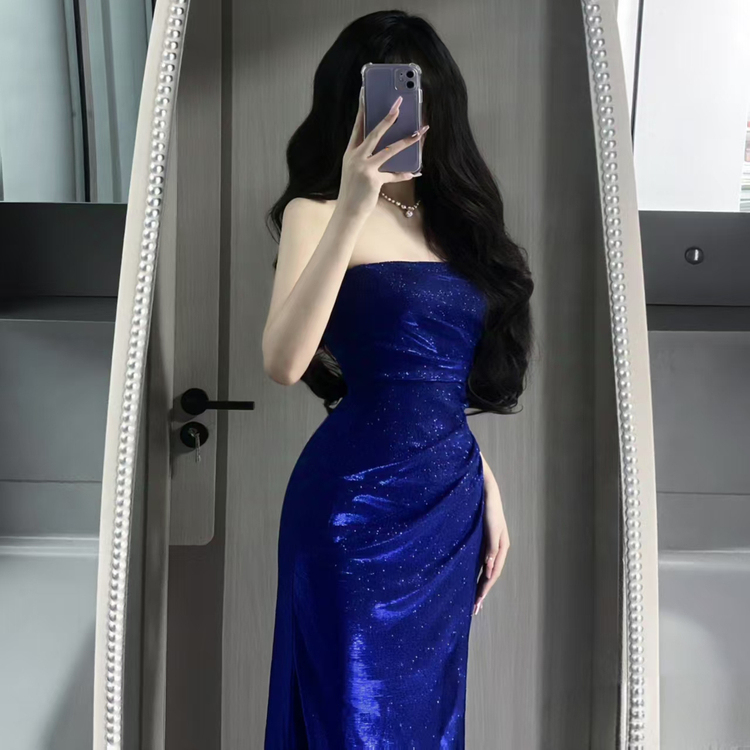 抹胸晚礼服裙蓝色闪闪宴会穿设计女气质夜场性感女露背美感连衣裙
