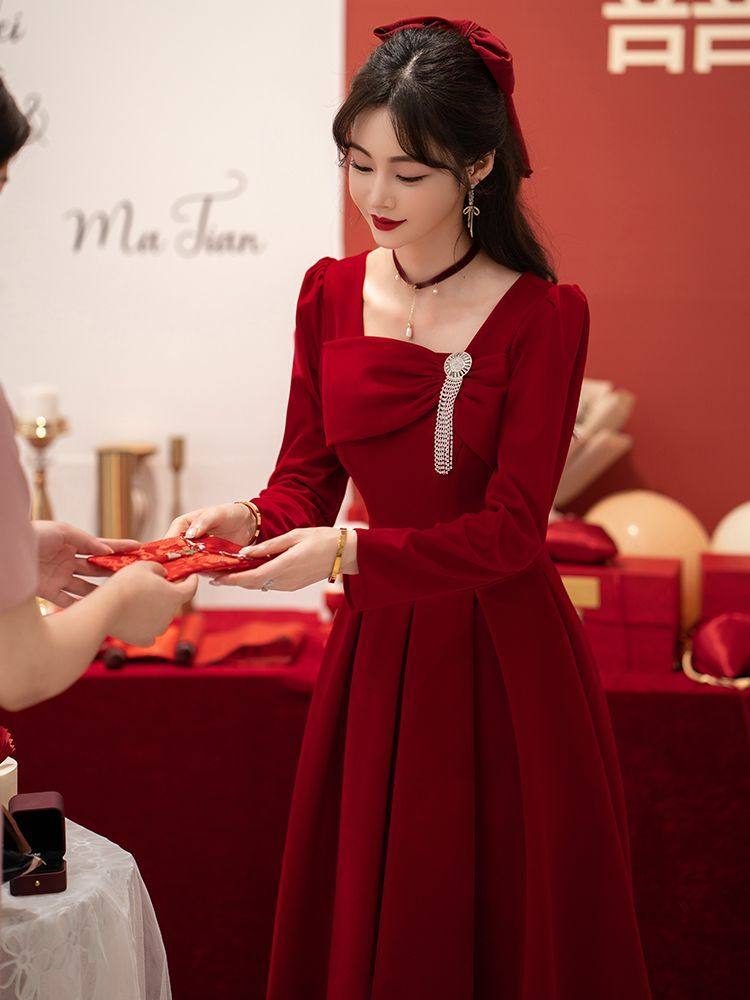 长袖回门结婚订婚连衣裙图片