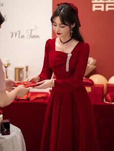 红色敬酒服新娘宴会高级秋冬长袖回门结婚订婚晚礼服女小个子显瘦