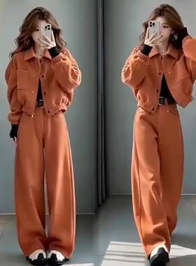 网红同款时尚套装女2026秋冬新款纯色拉链减龄显瘦加厚外套阔腿裤