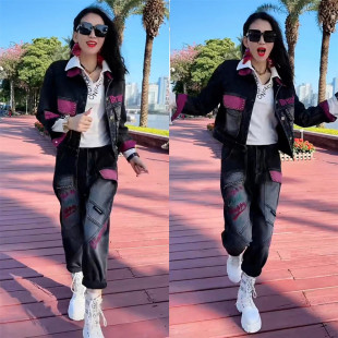 新款时尚加绒牛仔休闲套装女宽松潮流开衫外套哈伦裤秋冬款两件套
