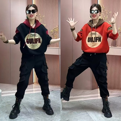 休闲运动套装女2025秋冬新款韩版宽松显瘦加绒加厚连帽卫衣两件套