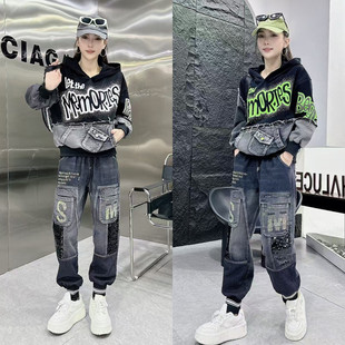 牛仔套装女2026春秋新款字母印花连帽卫衣复古时尚休闲运动两件套