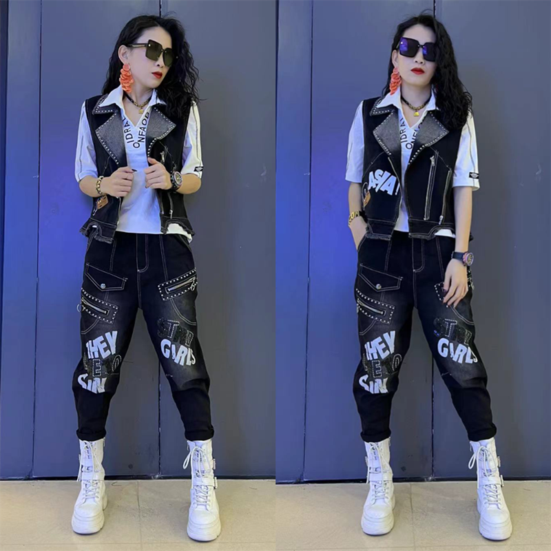 个性印花铆钉做旧牛仔马甲哈伦裤两三件套女2026春夏新款时尚套装,女装/女士精品,时尚套装,淘宝优惠券,粉丝福利购,淘宝优惠卷