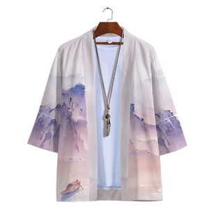 山水披风外套男士中国风男装夏季七分袖唐装明制汉服中式开衫上衣