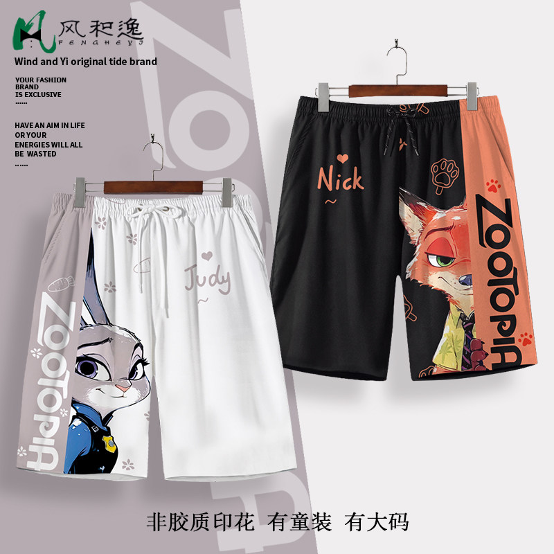 夏季潮牌短裤男海边可下水沙滩裤疯狂动物城卡通印花休闲裤五分裤