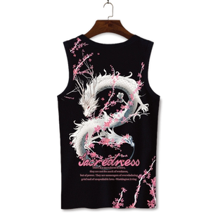 新款龙图案无袖T恤男士背心夏季中国风潮牌休闲运动健身透气坎肩