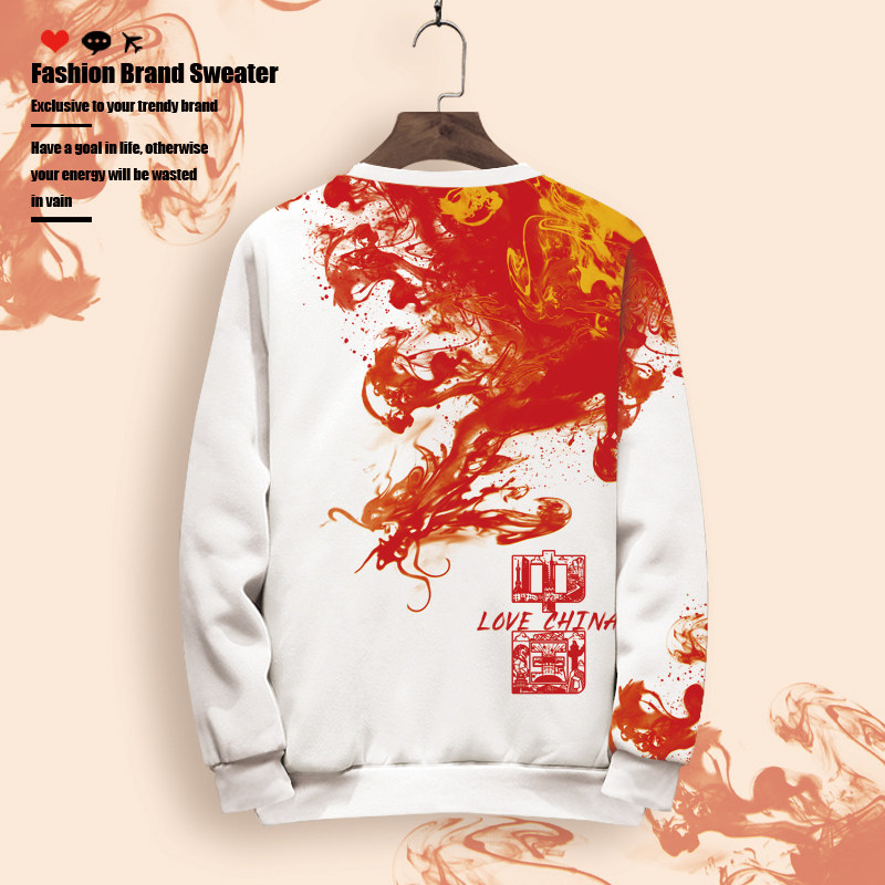 爱国主题红色卫衣男圆领国潮中国风外套秋季新款潮流百搭长袖T恤