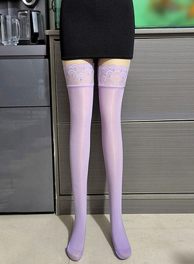 新品丝袜紫色马油油光丝袜女亮光孔雀蕾丝袜防滑油光过膝袜性感袜