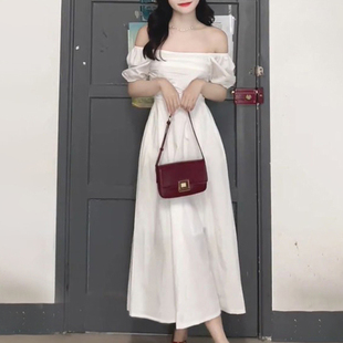 法式温柔方领白色连衣裙女夏季小个子泡泡袖仙女裙气质高腰长裙女