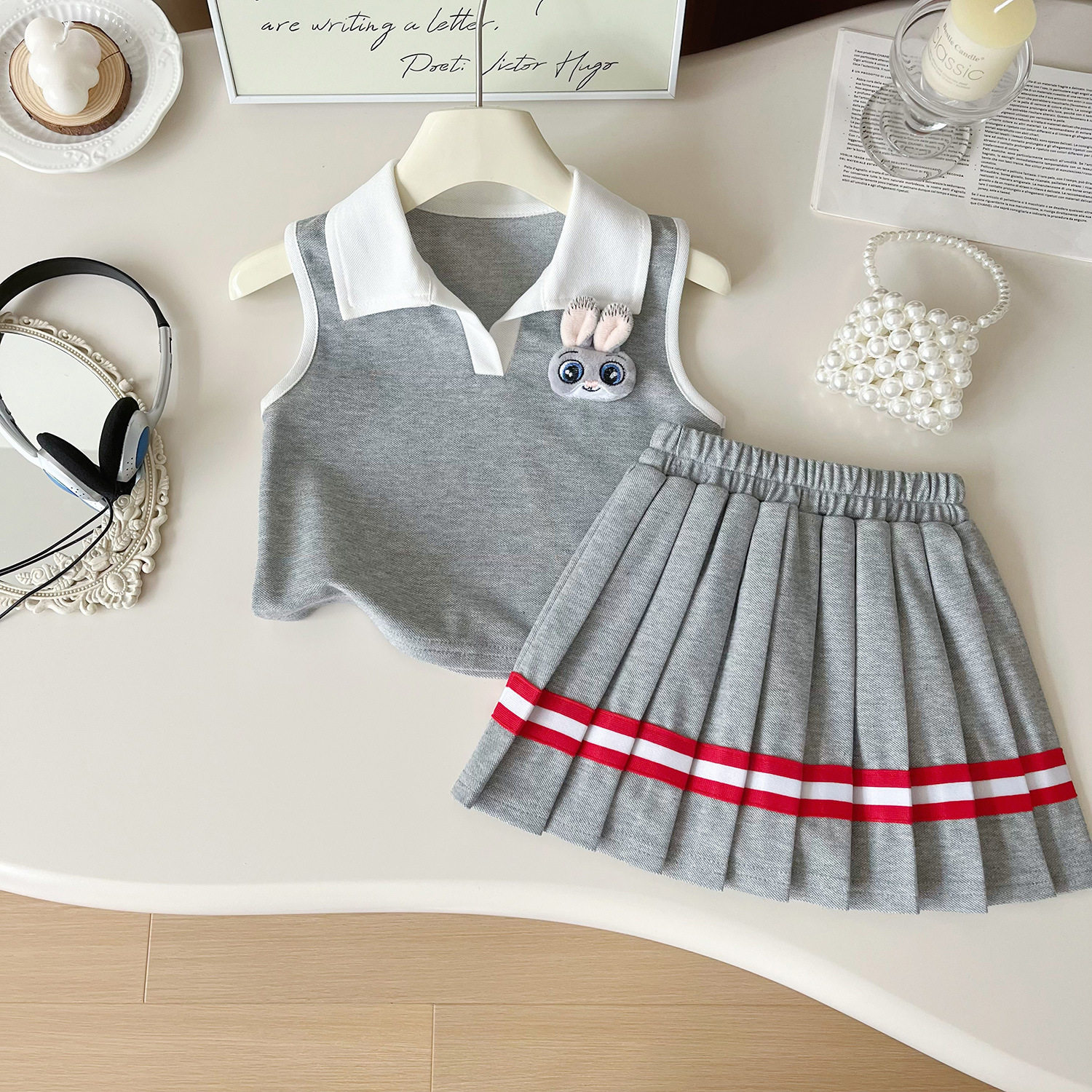 夏季新款套装韩版女童中小童可爱小兔子无袖POLO衫短裙两件套全棉