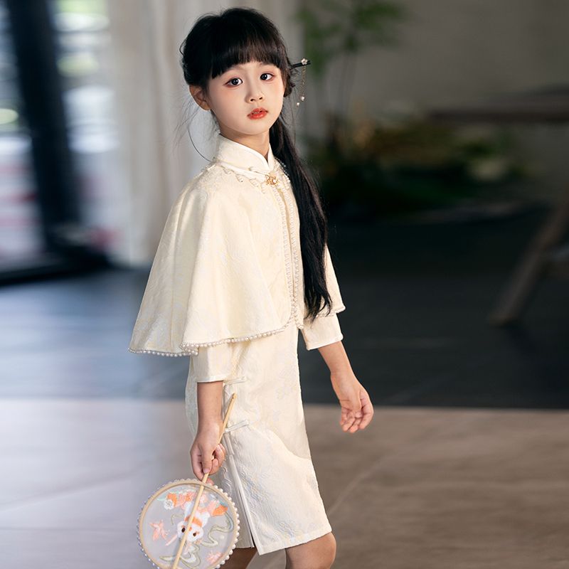 母女装旗袍连衣裙带披肩