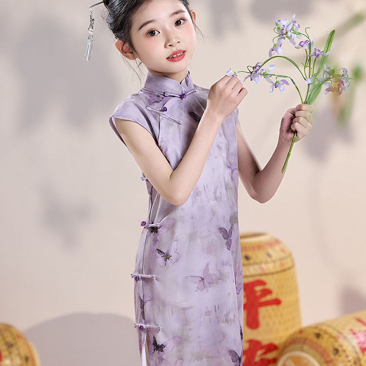 女童旗袍紫色新中式复古国风改良连衣裙小女孩日常古装汉服演出服