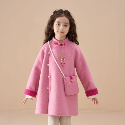 纯手工羊毛呢大衣女童呢子大衣中大童中式风秋冬双面羊绒旗袍外套