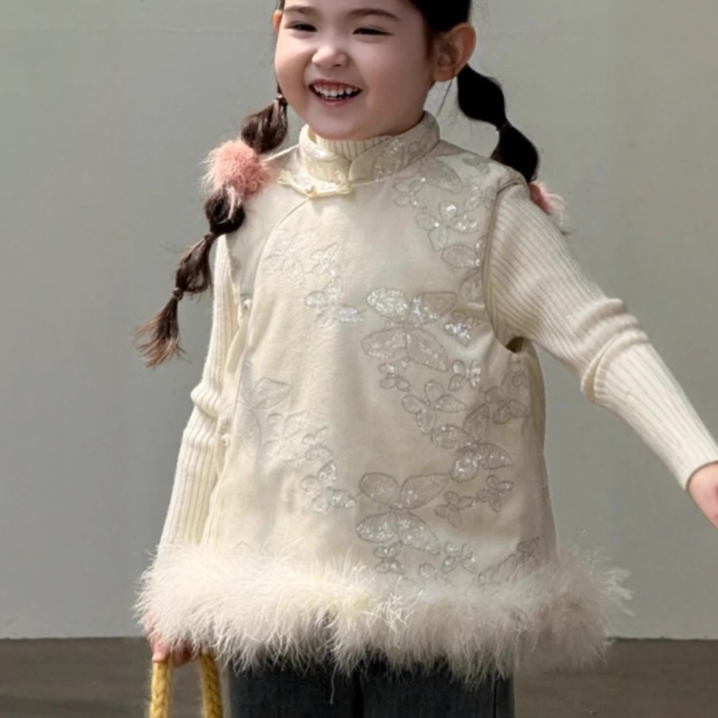 25冬季新款中国风夹棉马甲旗袍新中式拜年服斜襟刺绣提花套装童装