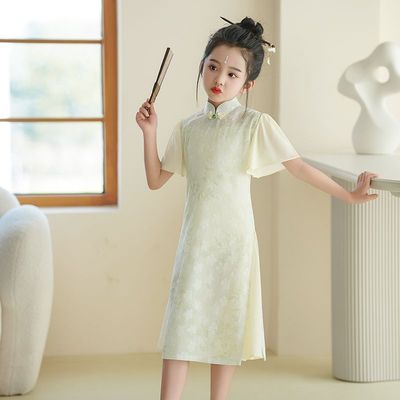 新中式儿童绿色旗袍夏季2025新款女童改良荷叶袖公主裙小女孩礼服