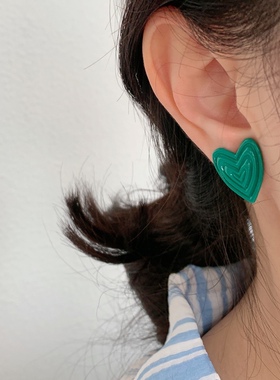 绿色爱心银针耳钉女时尚百搭耳环新款韩国气质耳饰