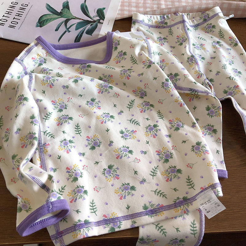 外贸原单纯棉拉架棉秋衣秋裤套装男女童秋冬中大童家居服全棉A类