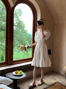 原创设计品牌YMQY V领泡泡袖褶皱气质a字鱼尾下摆连衣裙