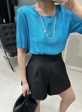 原创设计品牌YMQY弹力薄料肌理感垫肩后背镂空修身显瘦T恤上衣