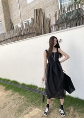 原创设计品牌YMQY不规则领口设计拼接朦胧感泡泡纱背心长裙连衣裙