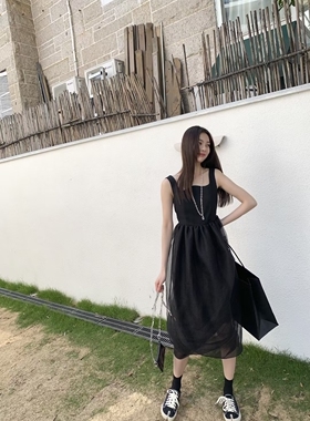 原创设计品牌YMQY不规则领口设计拼接朦胧感泡泡纱背心长裙连衣裙