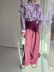 原创设计品牌YMQY交叉绑带薄料高腰阔腿直筒西装长裤