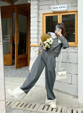 原创设计品牌YMQY镂空花边单排扣短款外套＋撞色直筒女阔腿裤套装