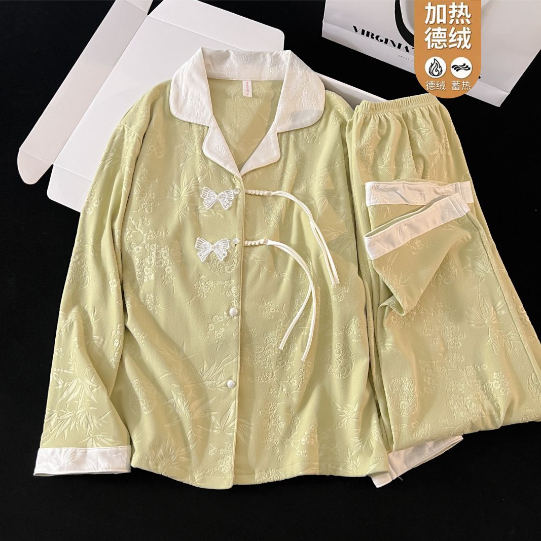 德绒睡衣女秋冬季长袖长裤蝴蝶结保暖家居服套装高级感宫廷风睡衣