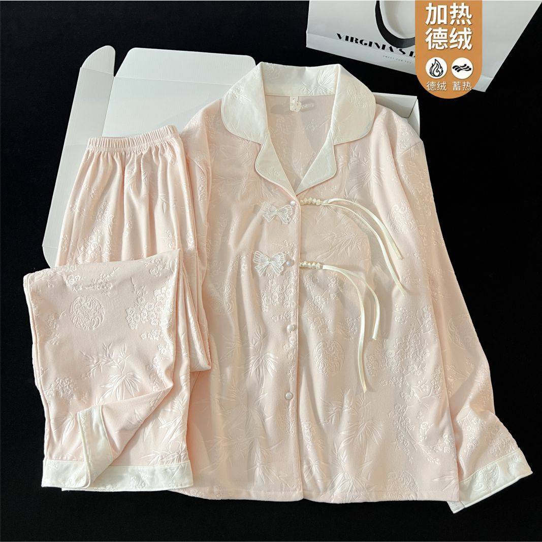 新款德绒睡衣女秋冬季保暖套装中古风甜美风高级感女士家居服套装
