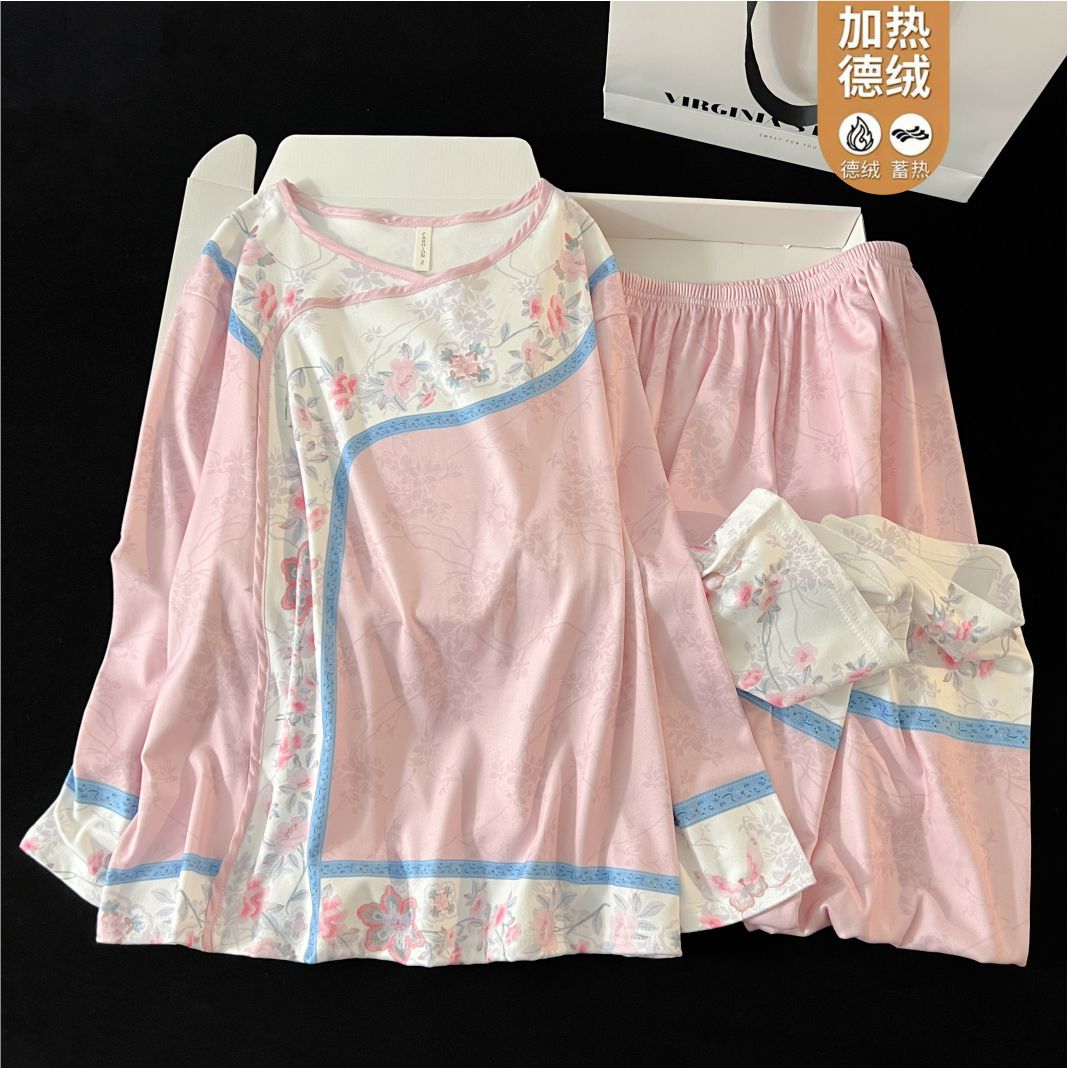 新中式宫廷风德绒睡衣女秋冬套装