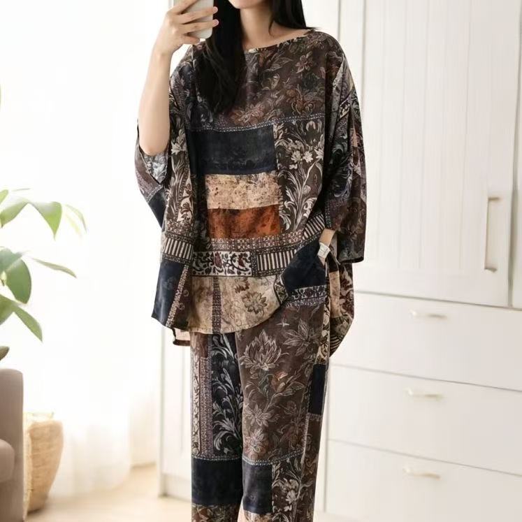新中式风印花睡衣女春秋宽松蝙蝠袖七分袖可外穿轻奢家居服两件套