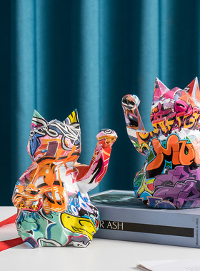 跨境新品几何招财猫创意家居客厅玄关桌面乔迁树脂工艺品装饰摆件